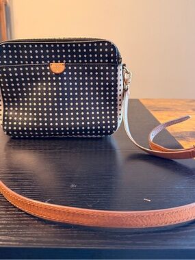 Fossil Black Polka Dot Crossbody with Tan Strap